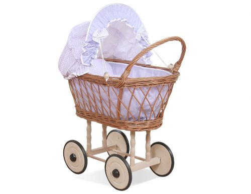 Wicker dolls\' pram with lilac bedding and padding - natural