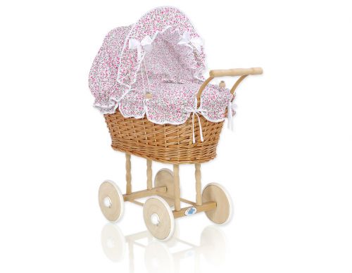 Wicker dolls\' pram with pink bedding and padding - natural