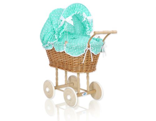 Wicker dolls\' pram with mintbedding and padding - natural