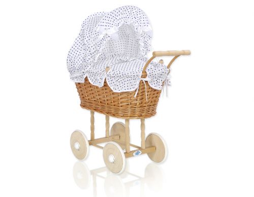 Wicker dolls\' pram with white-navy bedding and padding - natural