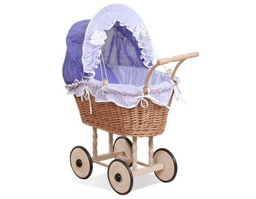 Wicker dolls\' pram with purple bedding and padding - natural