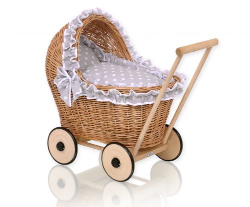 Wicker doll pushchair with grey bedding and soft padding - natural