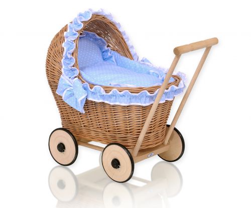 Wicker doll pushchair with blue bedding and soft padding - natural