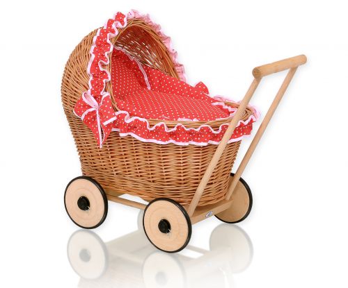 Wicker doll pushchair with red bedding and soft padding - natural