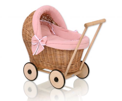 Wicker doll pushchair with pastel pink bedding and soft padding - natural