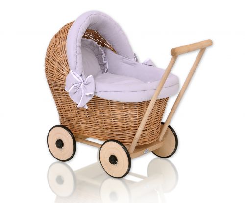 Wicker doll pushchair with grey bedding and soft padding - natural