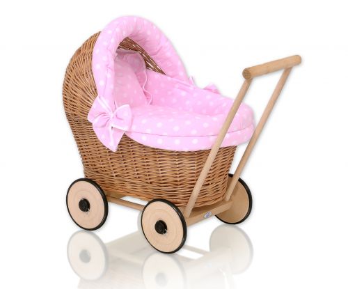 Wicker doll pushchair with pink bedding and soft padding - natural