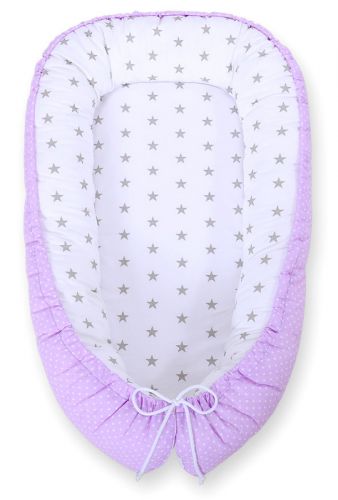 Baby nest double-sided Premium Cocoon for infants BOBONO- white polka dotd on lilac/ grey stars