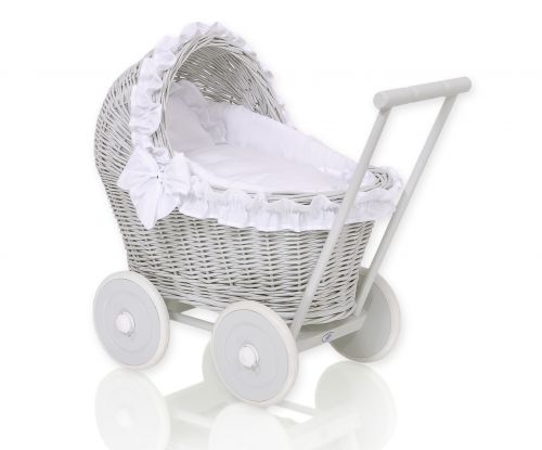 Wicker doll pushchair grey with white bedding and soft padding