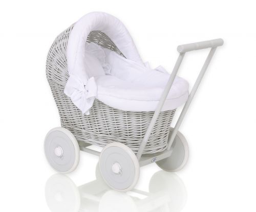 Wicker doll pushchair grey with white bedding and soft padding