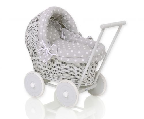 Wicker doll pushchair grey with grey bedding and soft padding