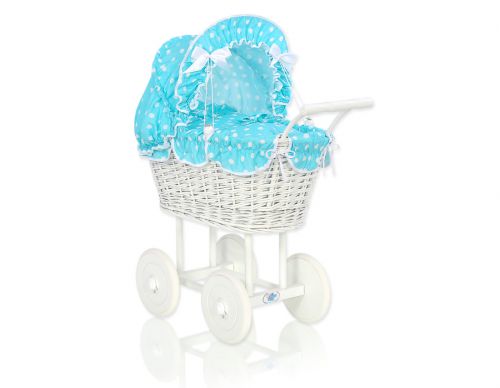Wicker dolls\' pram with turquoise bedding and padding - white