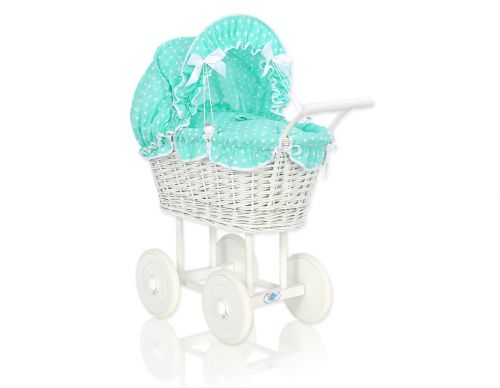 Wicker dolls\' pram with mint bedding and padding - white