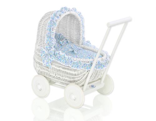 Wicker doll pushchair white with bedding blue