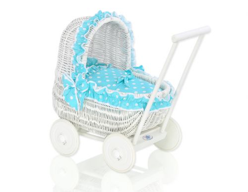Wicker doll pushchair white with bedding turquoise