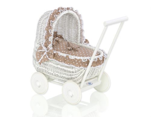 Wicker doll pushchair white with bedding brown