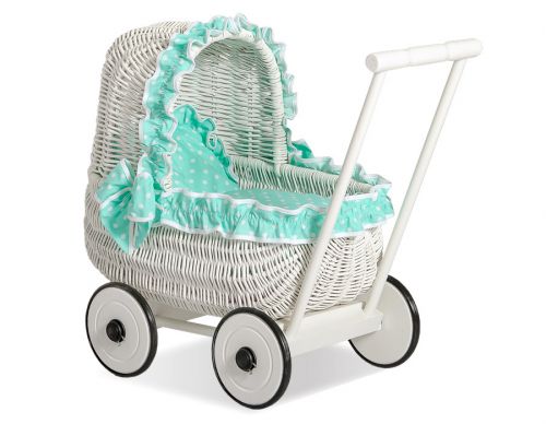 Wicker doll pushchair white with bedding mint