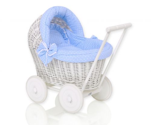 Wicker doll pushchair white with blue bedding and soft padding