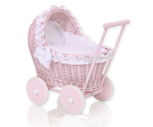 Wicker doll pushchair pink with white bedding and soft padding
