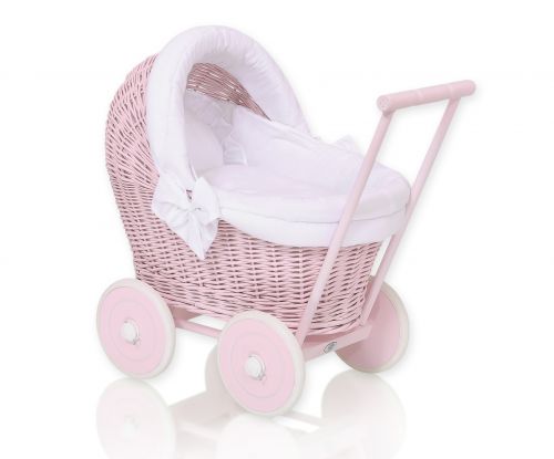 Wicker doll pushchair pink with white bedding and soft padding
