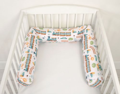 Roller bumper for baby bed - turquoise train