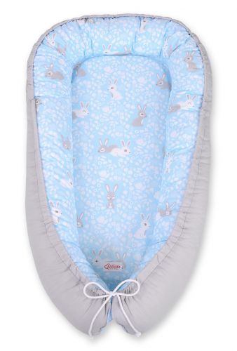 Baby nest double-sided Premium Cocoon for infants BOBONO- blue rabbits/gray