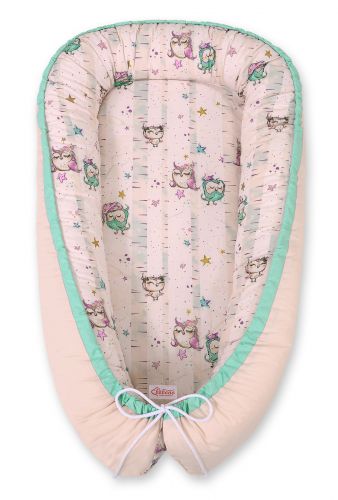 Baby nest double-sided Premium Cocoon for infants BOBONO- owls cream/powder pink