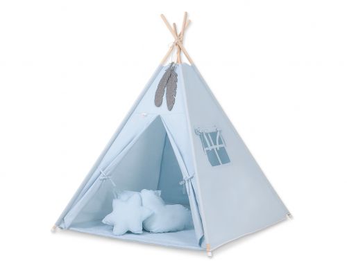 Teepee tent for kids + playmat + pillows + decorative feathers - blue