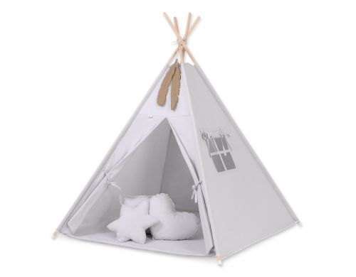 Teepee tent for kids + playmat + pillows + decorative feathers - gray