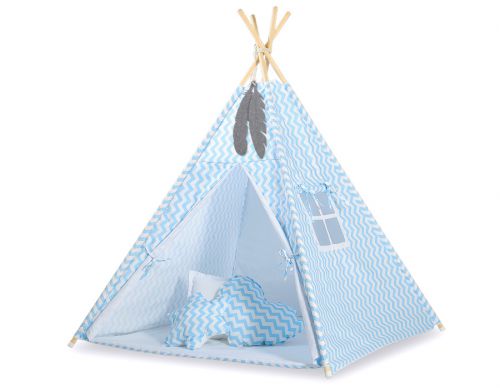 Teepee tent for kids + playmat + pillows + decorative feathers - Chevron blue