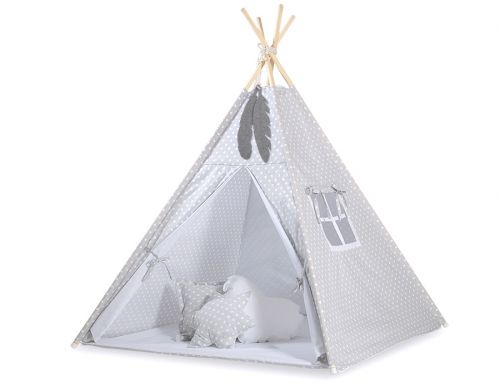 Teepee tent for kids + playmat + pillows + decorative feathers - White dots on grey
