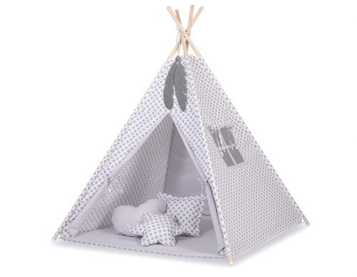 Teepee tent for kids + decorative feathers - Gray cross pattern