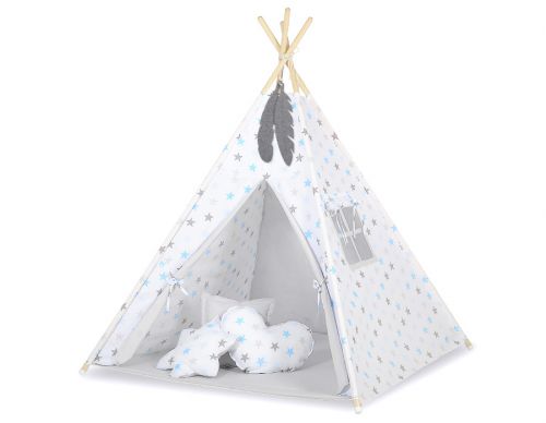Teepee tent for kids + playmat + pillows + decorative feathers - Stars blue-grey/grey