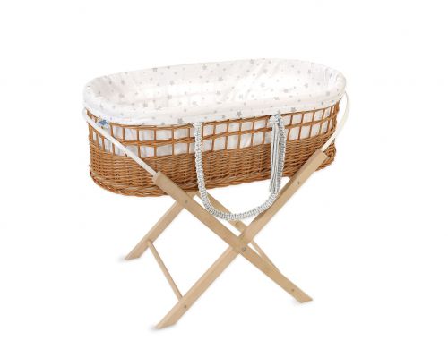 Moses wicker basket in BOHO style with stand with cotton lining - mini Stars grey