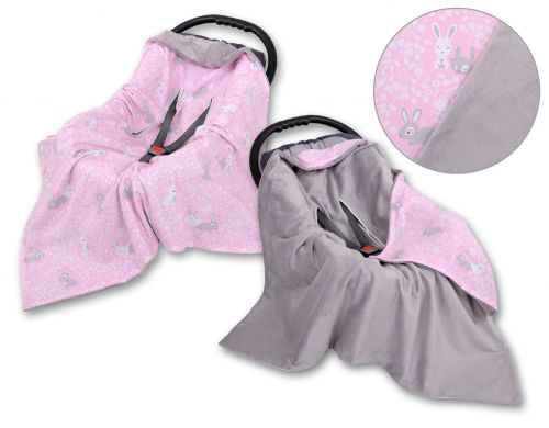 Big double-sided car seat blanket for babies - pink rabbits