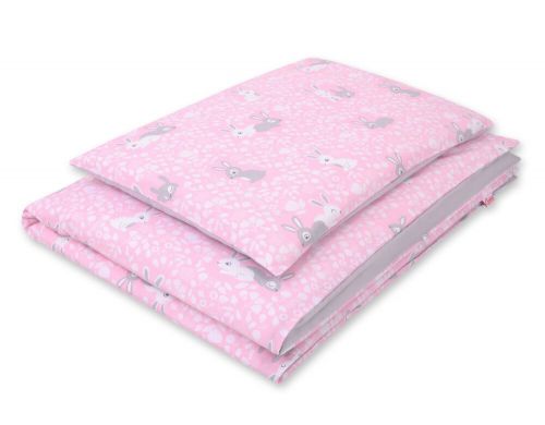 Baby cotton bedding set 2-pcs 135x100 cm- pink rabbits/grey