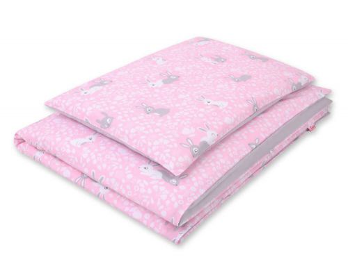 Baby cotton bedding set 2-pcs 120x90 cm- pink rabbits/grey