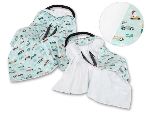 Double-sided car seat blanket for babies - mint rabbits/white