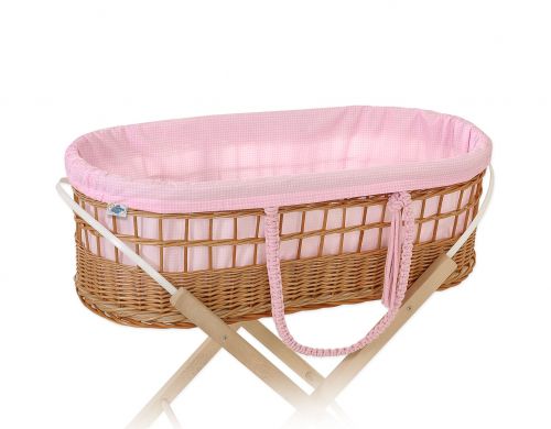 Moses wicker basket in BOHO style with cotton lining - pink checkered