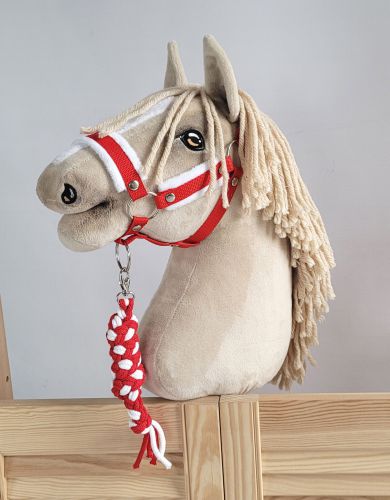 Set for Hobby Horse: the halter A3 with white furry + Tether made of cord - white-red