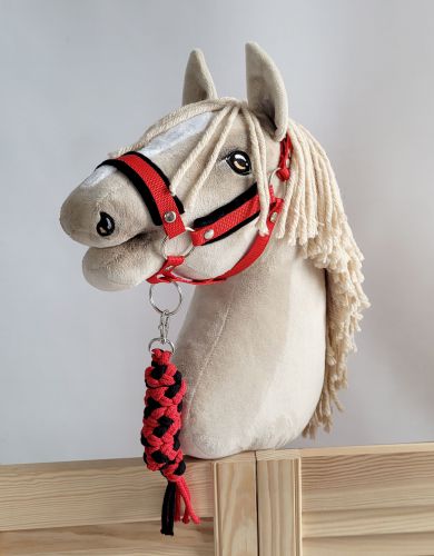 Set for Hobby Horse: the halter A3 with black furry + Tether made of cord - black-red