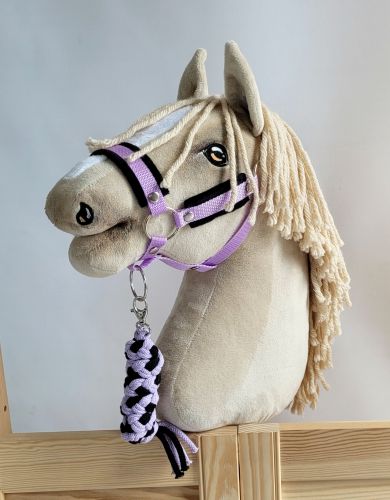 Set for Hobby Horse: the halter A3 with black furry + Tether made of cord - black-purple