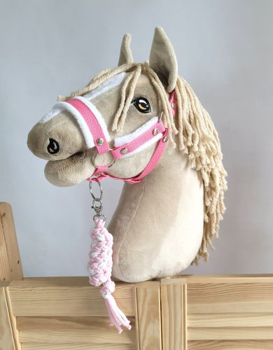 Set for Hobby Horse: the halter A3 with white furry + Tether made of cord - white-pink