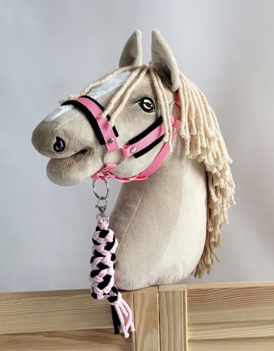 Set for Hobby Horse: the halter A3 with black furry + Tether made of cord - black-pink