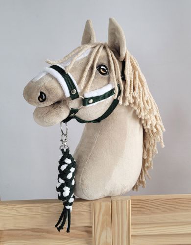 Set for Hobby Horse: the halter A3 with white furry + Tether made of cord - white-bottle green