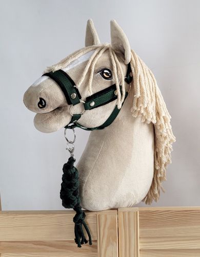 Set for Hobby Horse: the halter A3 with black furry + Tether made of cord - black-khaki