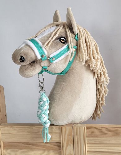 Set for Hobby Horse: the halter A3 with white furry + Tether made of cord - white-mint