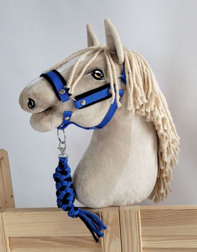 Set for Hobby Horse: the halter A3 with black furry + Tether made of cord - black-blue