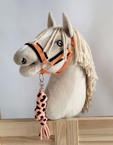 Set for Hobby Horse: the halter A3 with black furry + Tether made of cord - black-orange