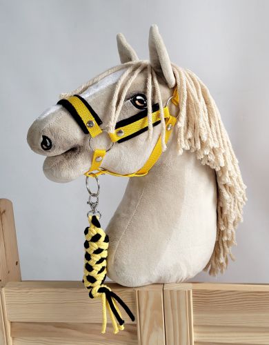 Set for Hobby Horse: the halter A3 with black furry + Tether made of cord - black-yellow